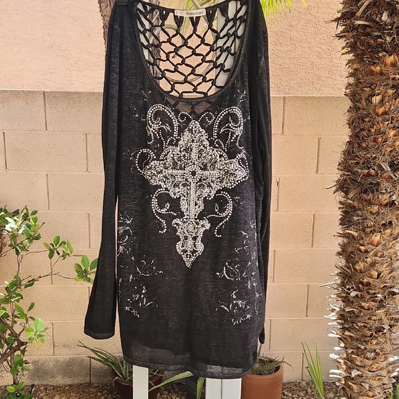 Black Long Sleeve Top with Silver Embellishments - Picture 1 of 5